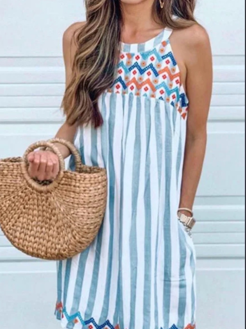Cupshe White & Blue Striped Embroidered Dress NWOT